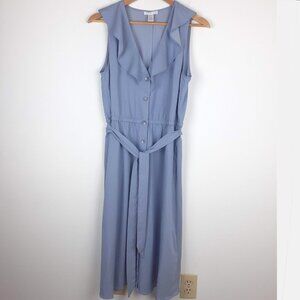 Ruffle Front Chambray Dress Size 10. Blue Midi Frilly Feminine Sun London Times